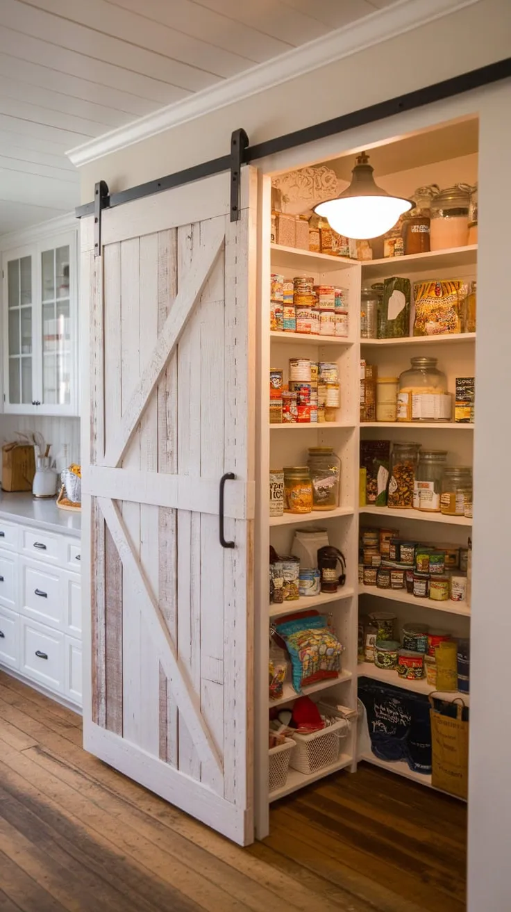 A white-painted sliding barn door adds rustic charm and practical pantry access to a bright farmhouse kitchen.