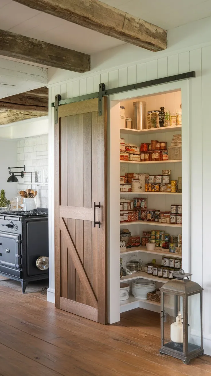 A charming slatted barn door elegantly conceals a well-organized pantry within a rustic farmhouse kitchen, enhancing its vintage charm.