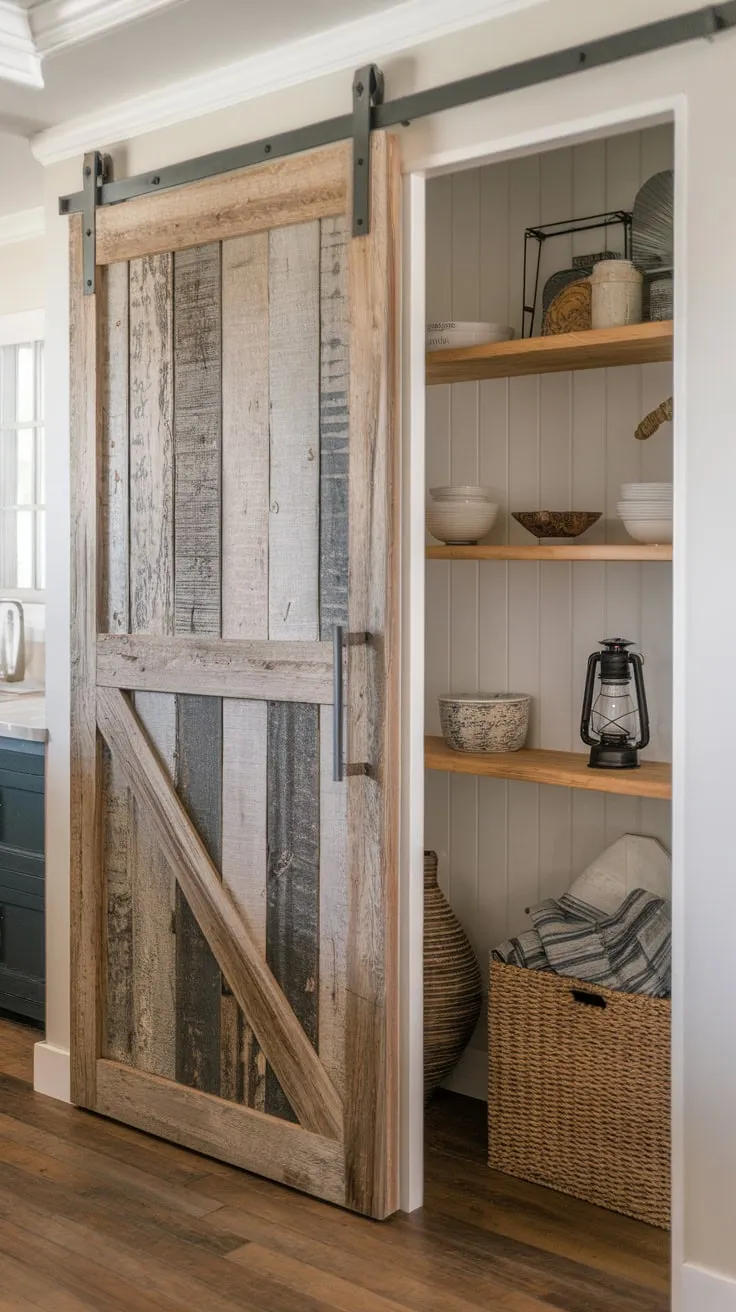 Rustic charm fills a farmhouse kitchen with a repurposed barn wood pantry door and wooden shelving, showcasing a unique blend of style and functionality