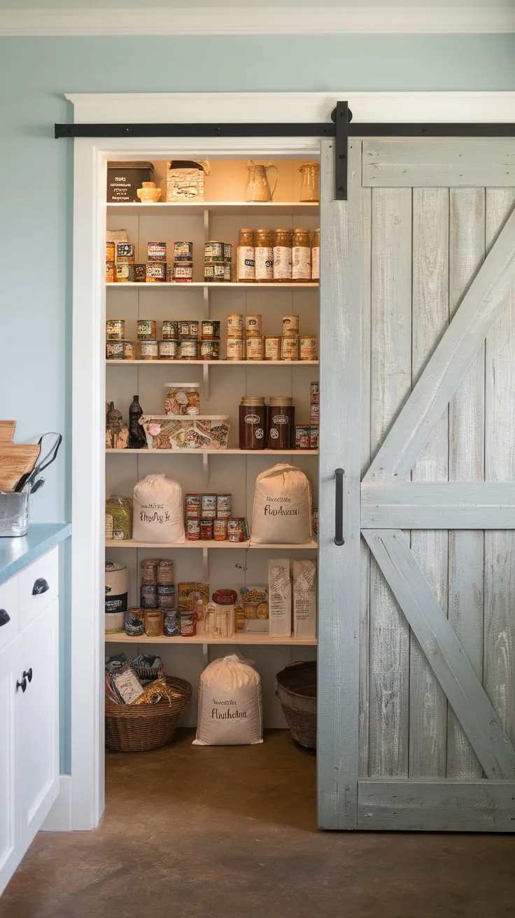 Rustic charm meets practical storage in a farmhouse kitchen featuring a distressed wood barn door concealing a well-organized pantry.