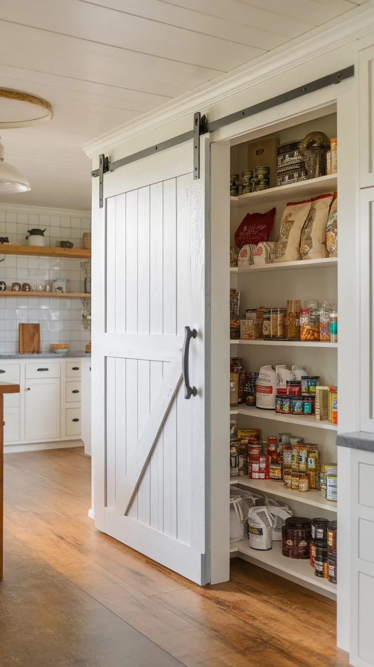 A charming farmhouse kitchen features a white, sliding wood pantry barn door concealing a well-stocked pantry