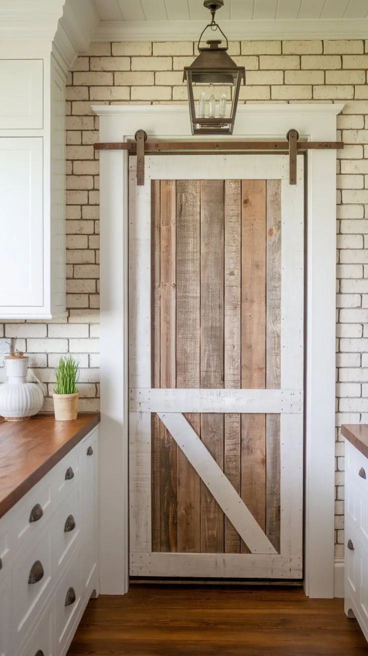 A charming farmhouse kitchen features a rustic wood plank pantry barn door painted white, enhancing its cozy ambiance.