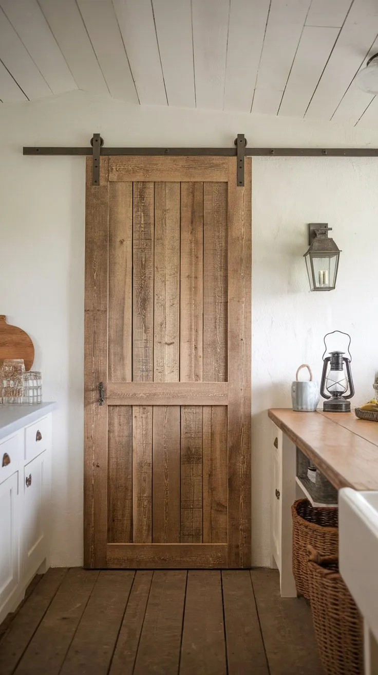 A whitewashed farmhouse kitchen is dramatically highlighted by a rustic, wood-plank pantry barn door, creating a space brimming with country charm.