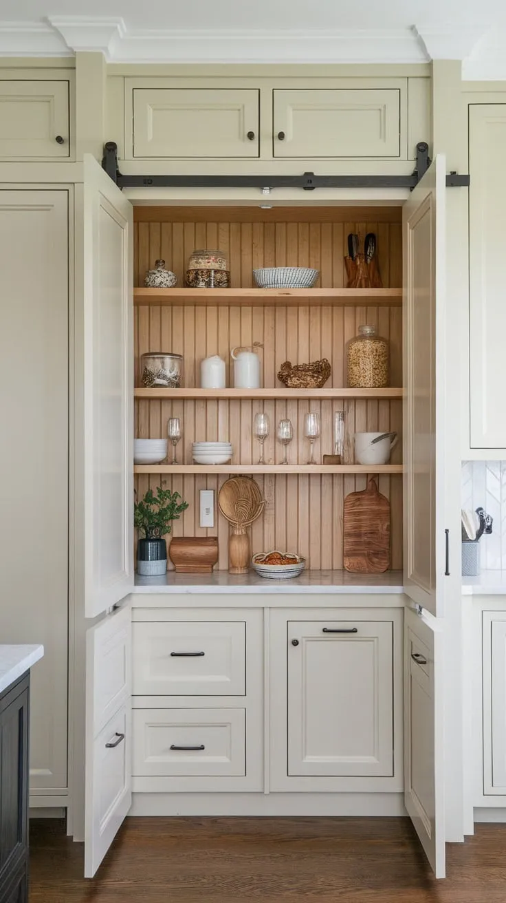 Discover extra storage with a spacious, concealed pantry featuring inset cabinets and a sliding door cleverly integrated into the kitchen wall.