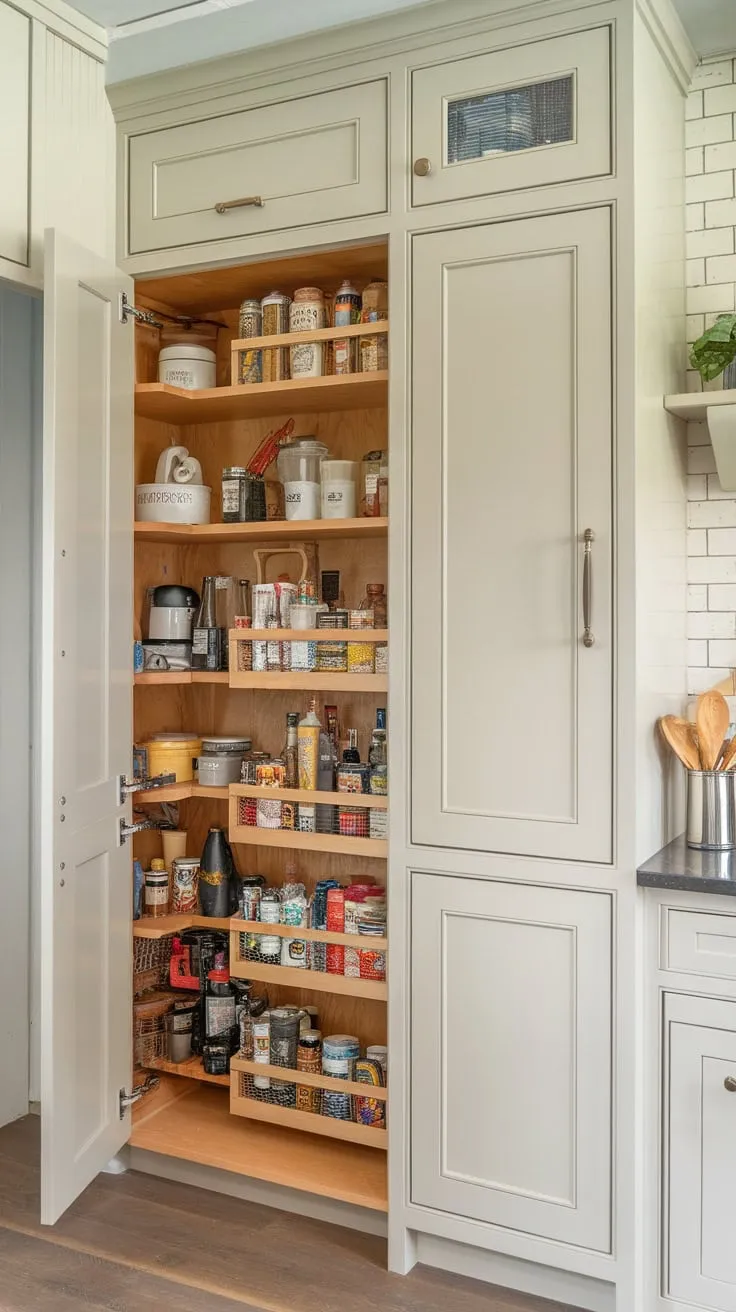 Hidden behind the kitchen wall is a large pantry featuring inset cabinetry, offering ample storage beyond the shallow kitchen cabinets.
