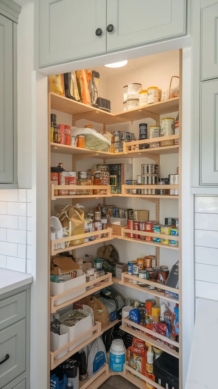 A spacious, well-lit pantry concealed behind the kitchen wall offers ample storage with numerous shelves stocked with various food items, framed in wood and complemented by upper cabinets.