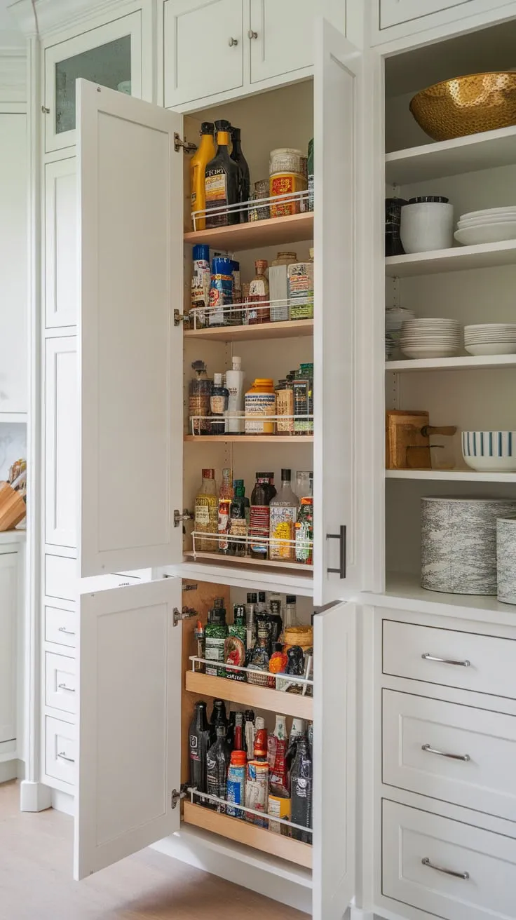 Hidden behind the kitchen wall lies a functional pantry featuring built-in cabinets and shelves, a space-saving marvel of organization.
