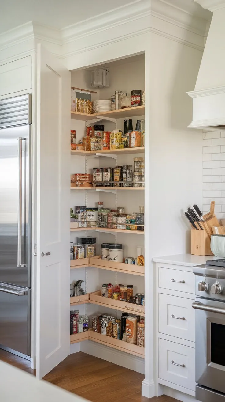 A modern kitchen boasts a space-saving, built-in white pantry recessed into the wall, offering ample shelving.