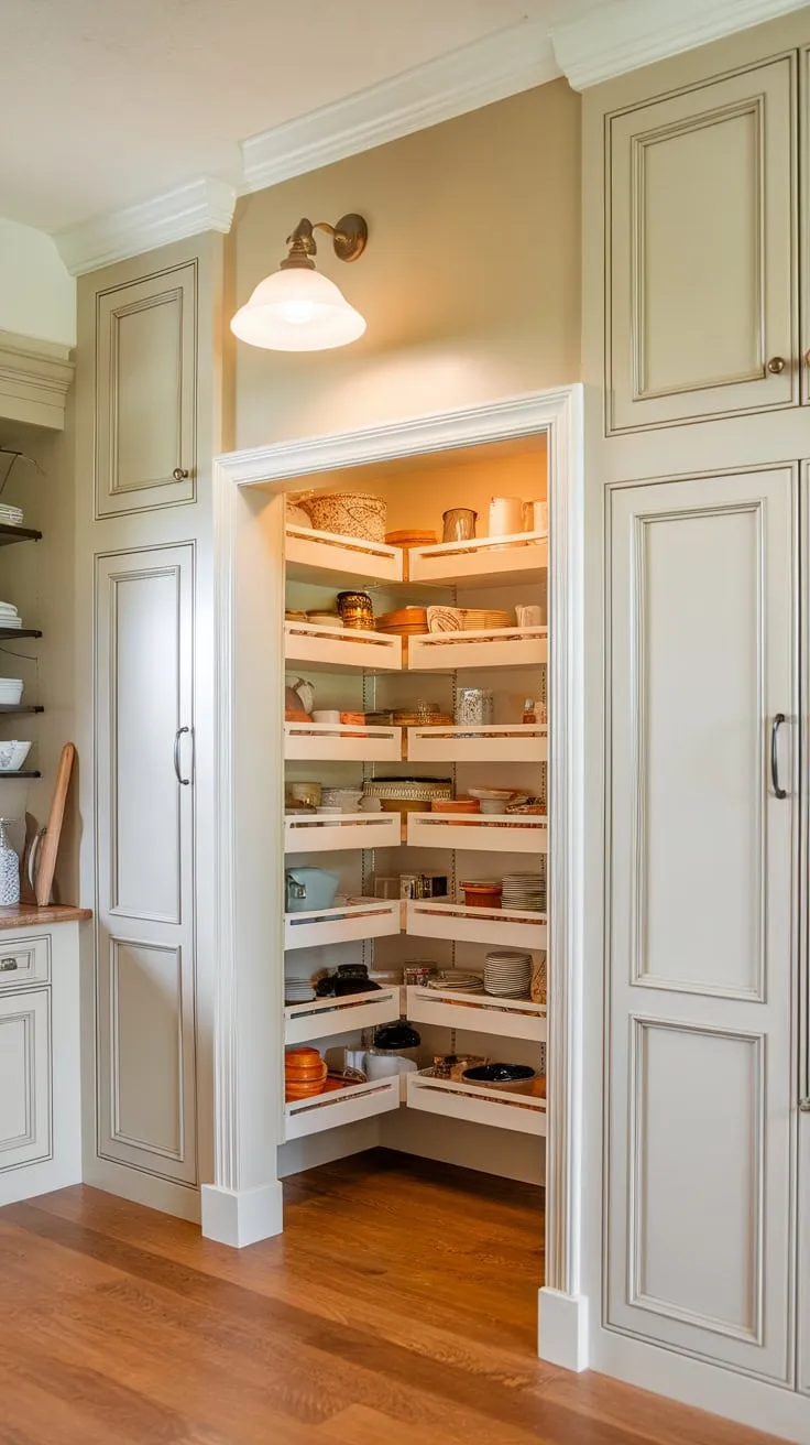Beige walls and wood floors complement the cleverly concealed pantry's ample space.