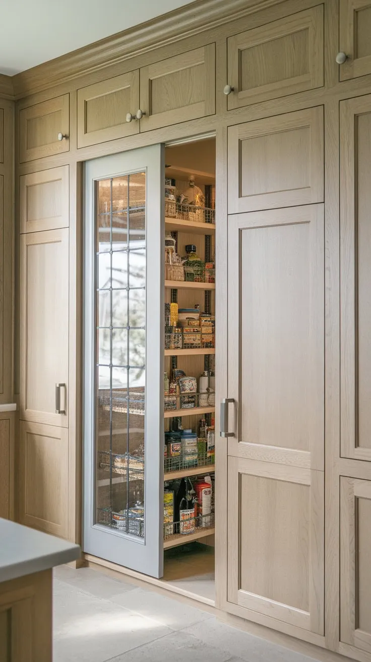A shallow, built-in pantry behind the kitchen wall offers ample storage and natural light through a windowed door.