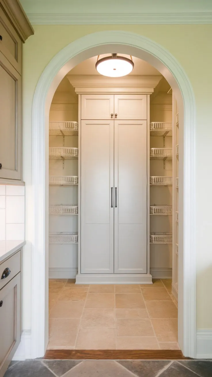 Discover a hidden gem—a light-filled pantry with built-in shelving behind the kitchen wall, offering efficient storage in a pristine space.
