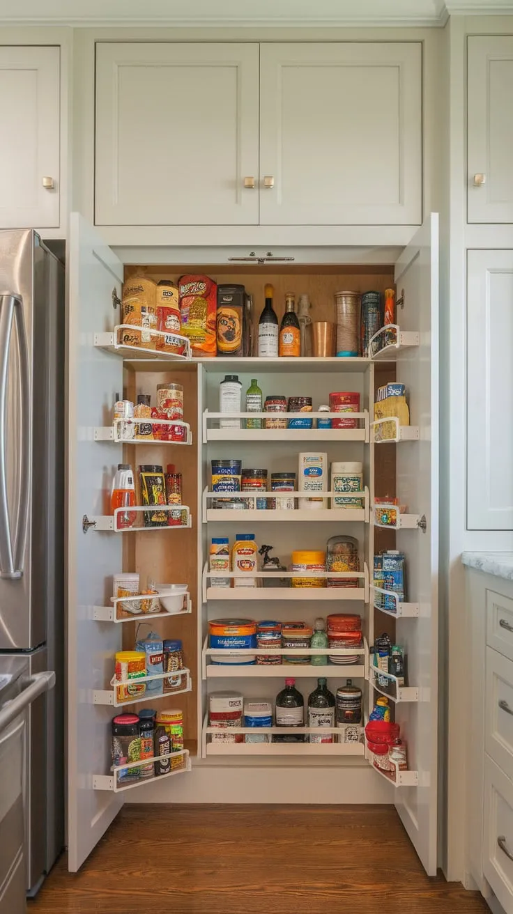 A spacious kitchen boasts a full-wall pantry cleverly concealed behind a section of shallower wall cabinets