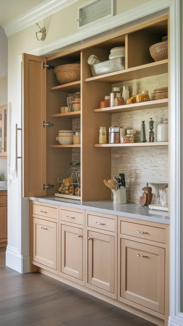 A hidden kitchen wall reveals a spacious, custom-built pantry with multiple inset cabinets of varying sizes and depths
