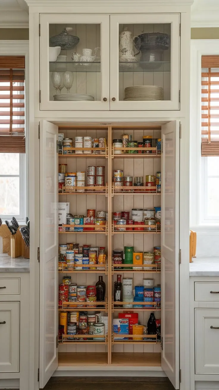 A hidden pantry behind the kitchen wall, brimming with canned goods, complements shallow glass-fronted cabinets showcasing dishware, all bathed in natural light from a windowed wall.