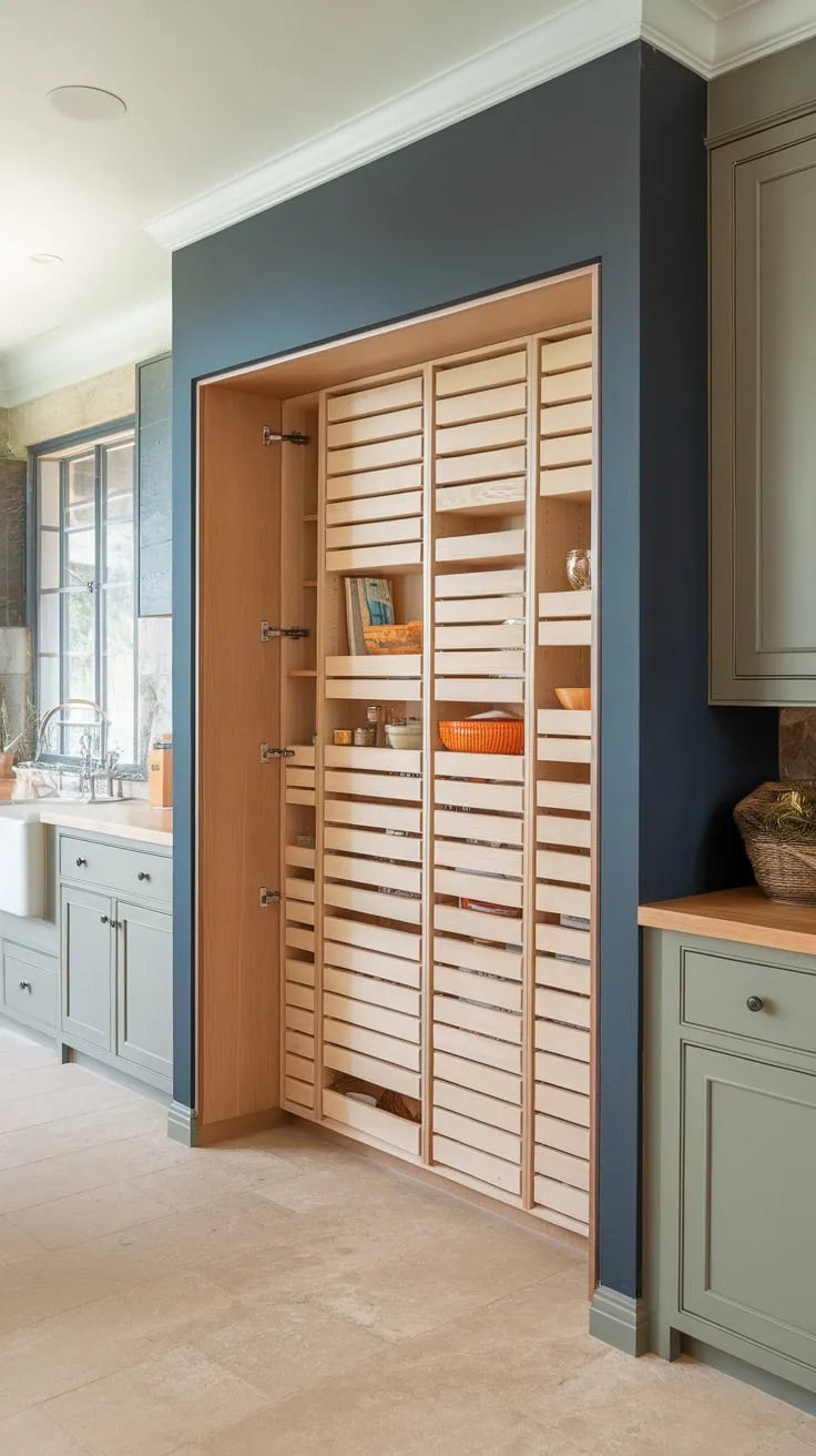 A hidden shallow pantry of light wood cabinets, tucked behind a dark blue kitchen wall, maximizes space.