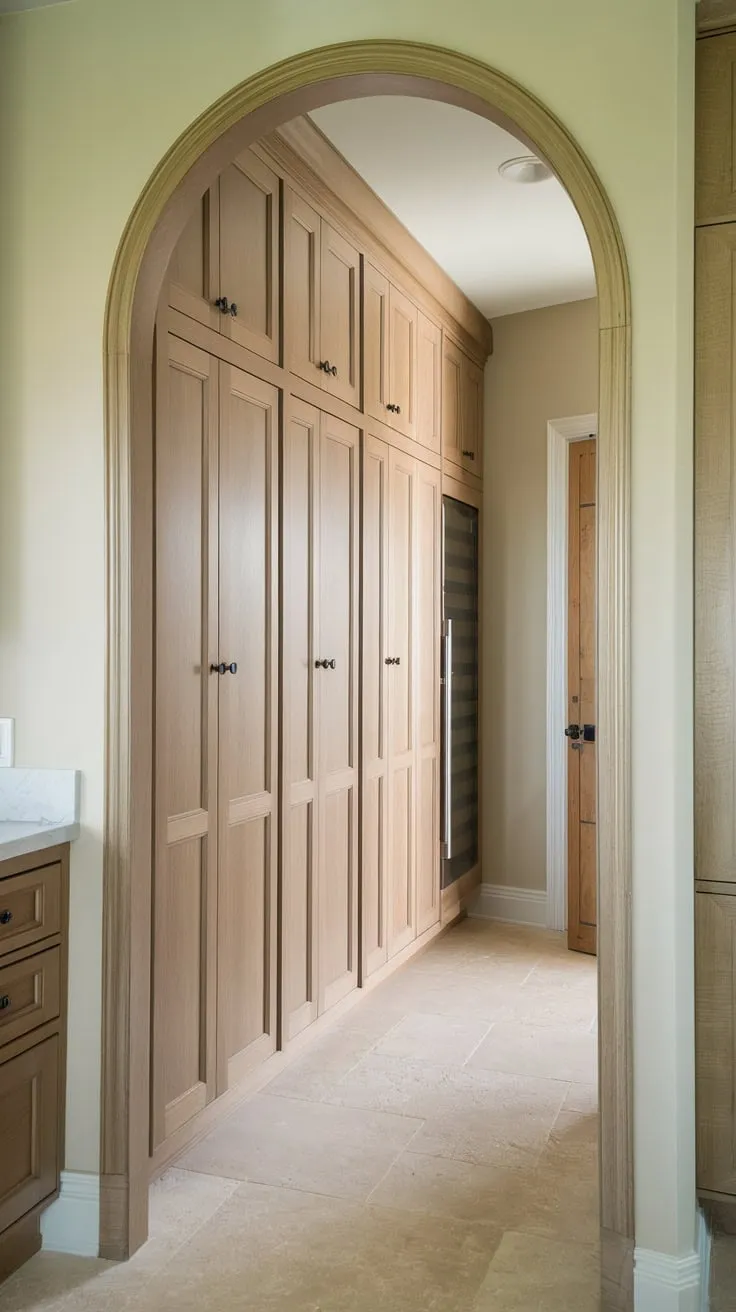 A space-saving kitchen pantry cleverly concealed behind a wall features light wood inset cabinets and beige tile flooring.