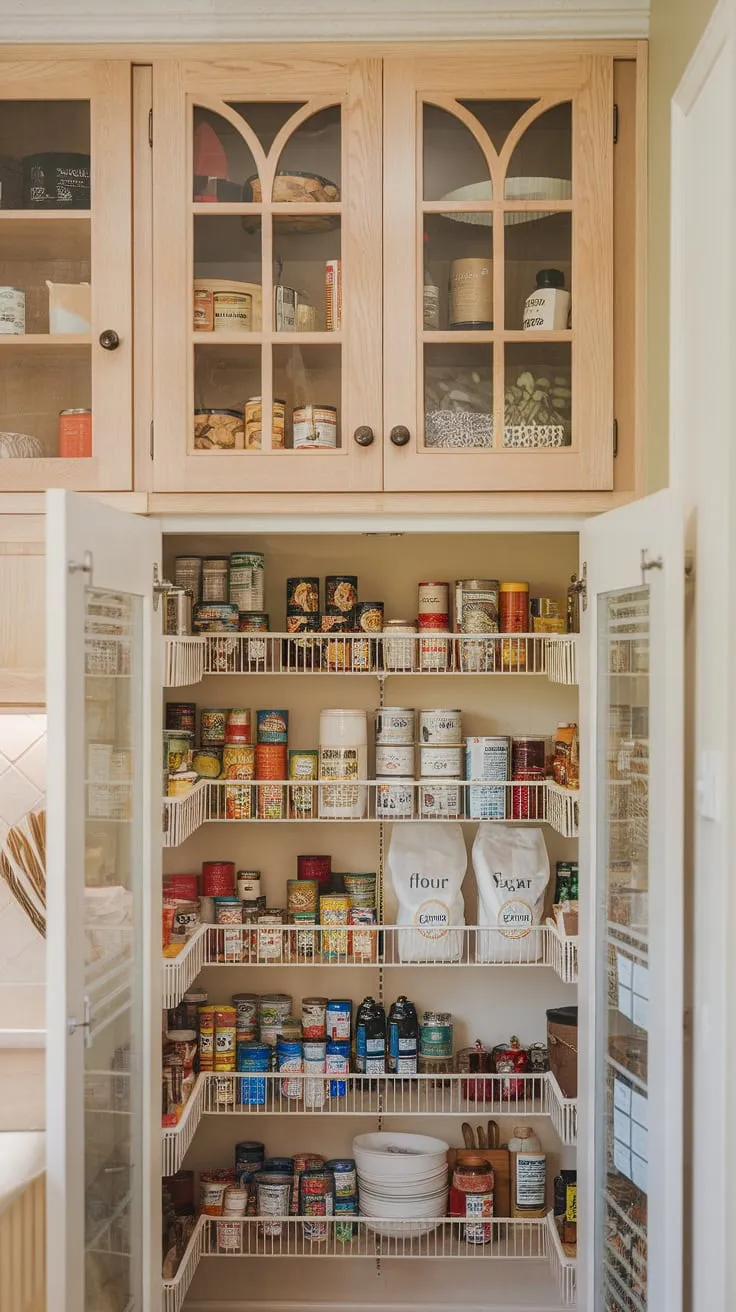 A well-lit pantry concealed behind the kitchen wall reveals a bounty of canned goods, flour, sugar, and jams, neatly stored within charming wood cabinets with glass doors.