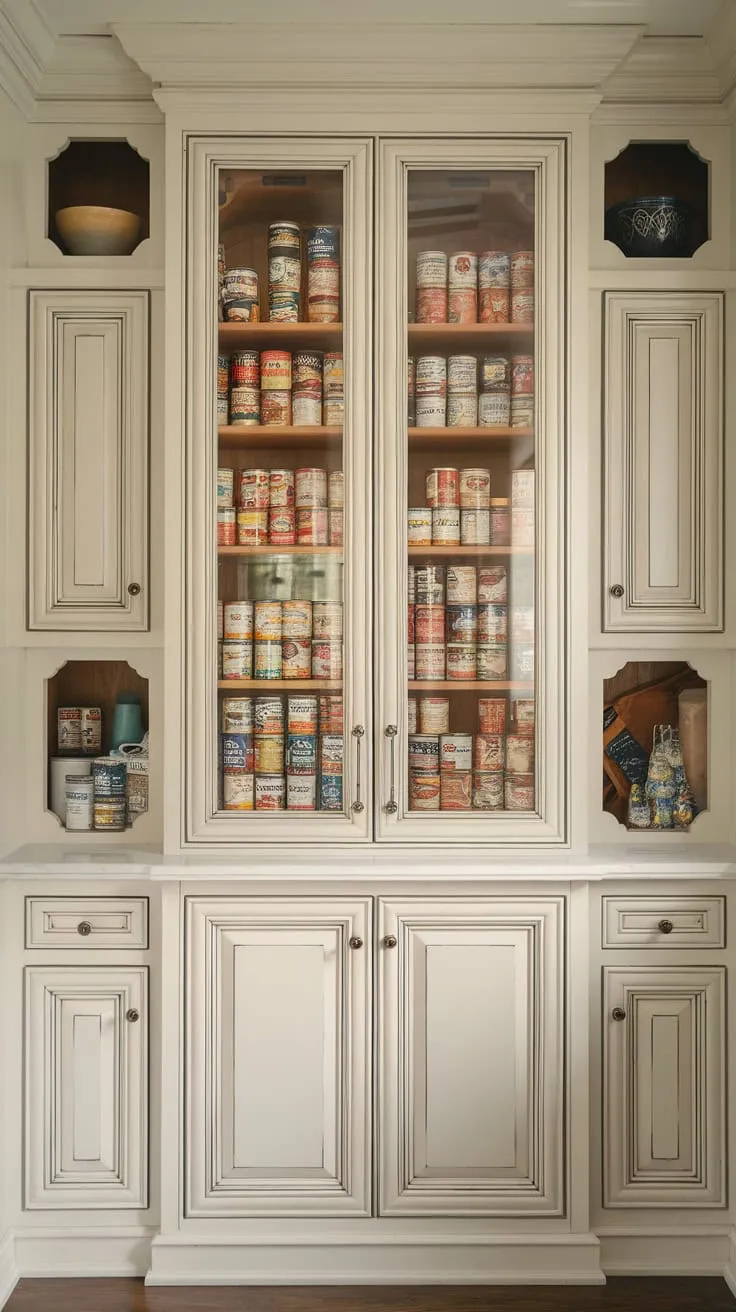 A cleverly concealed pantry reveals a full wall of cabinetry including a show-stopping glass-doored central cabinet filled with preserves and flanked by built-in units.
