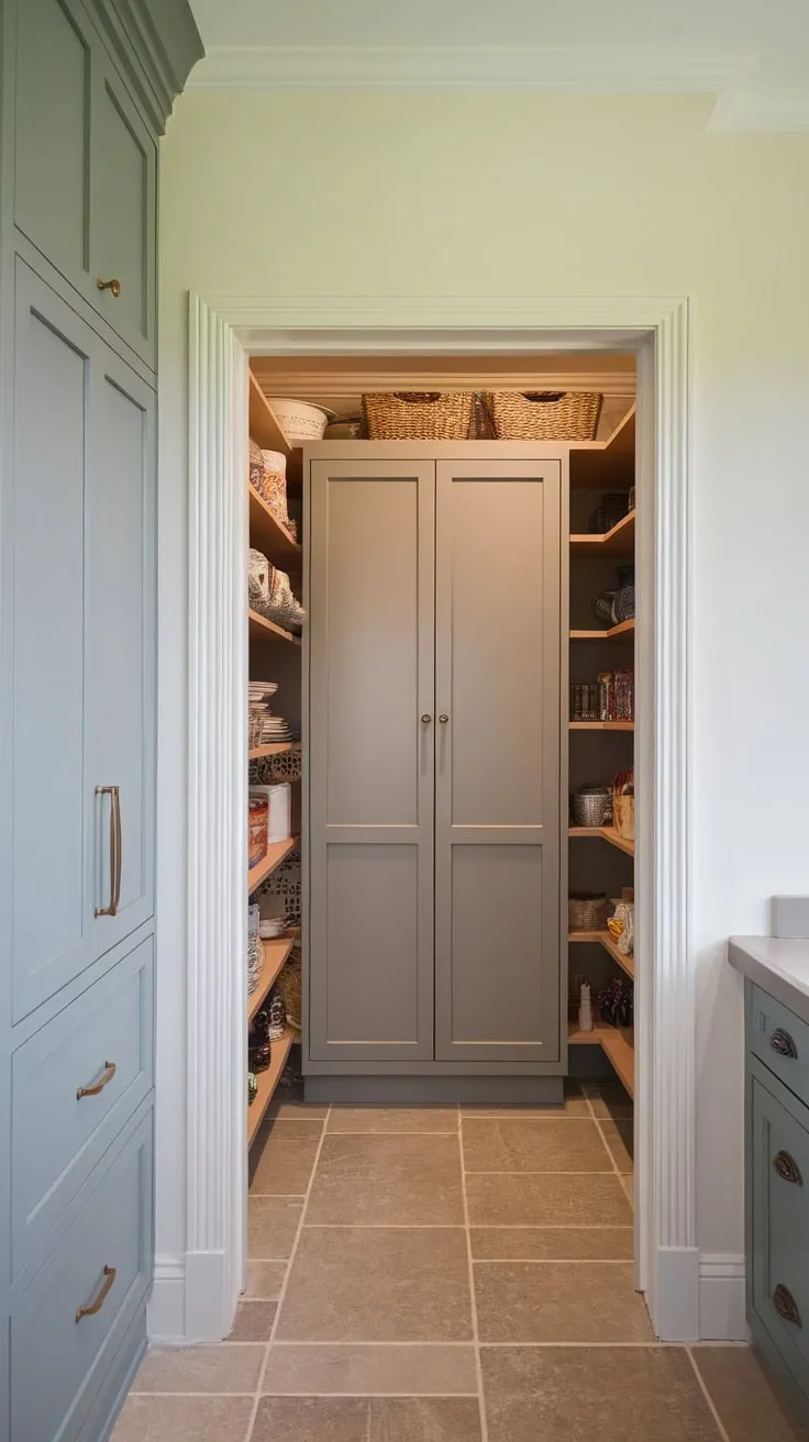 A hidden pantry behind a white-walled kitchen reveals a treasure trove of shallow, built-in cabinets and a large, door-fronted unit, all resting on a tiled floor