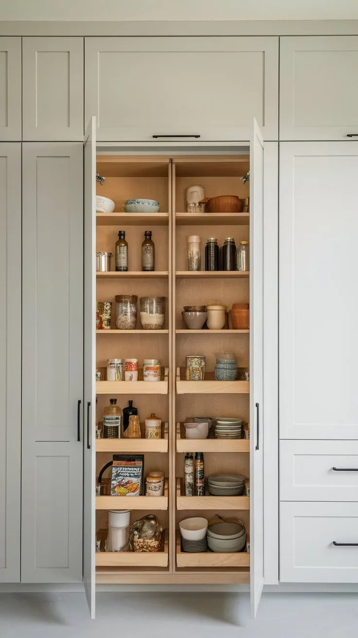 A modern kitchen's minimalist design cleverly conceals a spacious pantry behind a wall of sleek, shallow cabinets