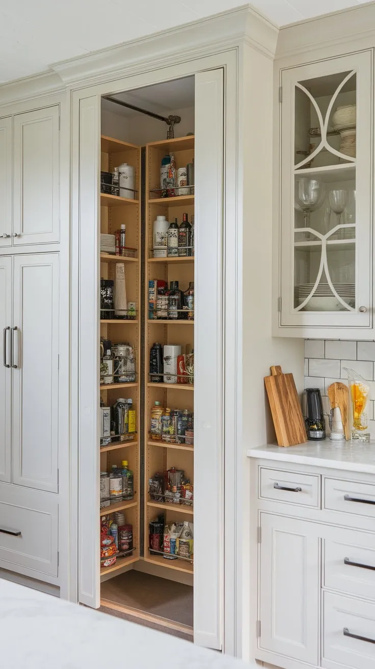 A shallow, built-in pantry cleverly maximizes storage space within a minimalist white kitchen's wall.