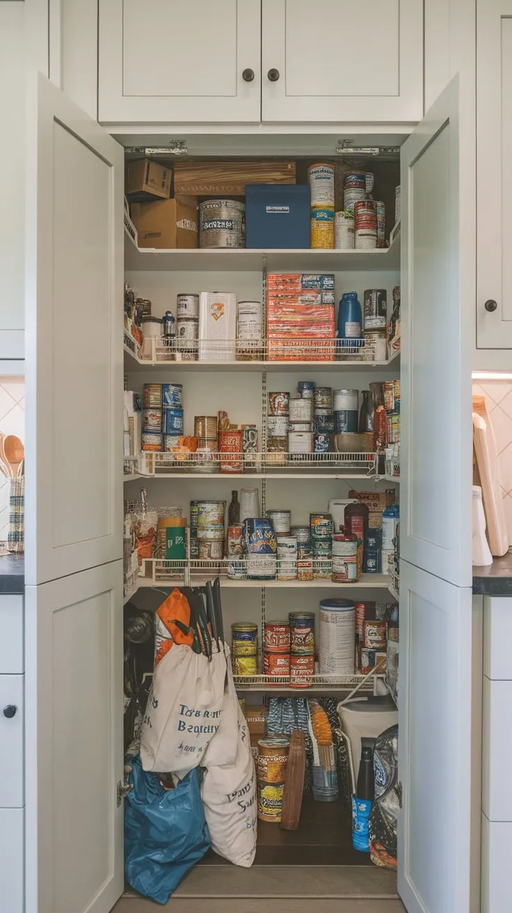 A space-saving built-in pantry concealed behind the kitchen wall efficiently stores various kitchen supplies.