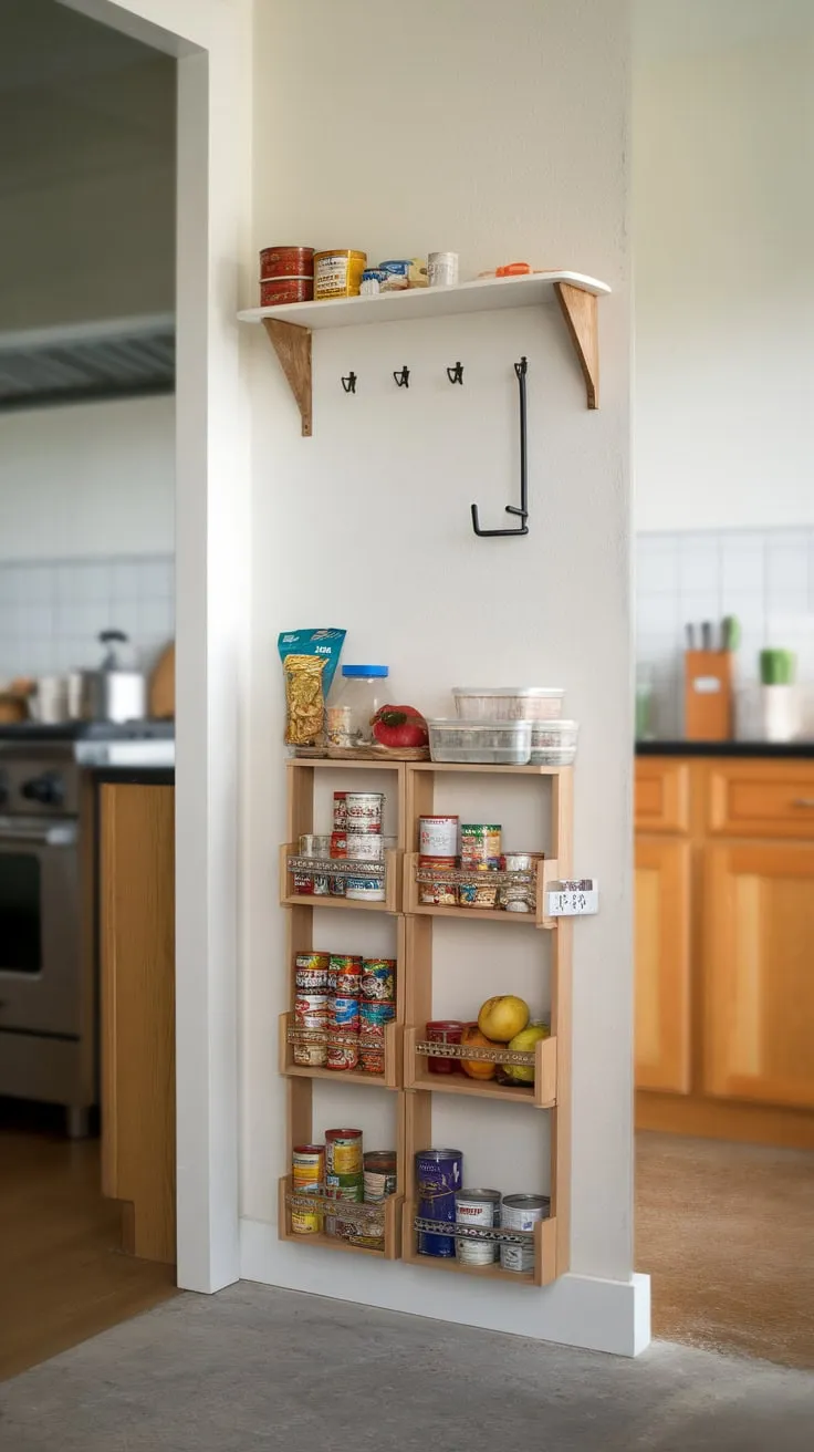 A well-stocked pantry concealed within the kitchen wall offers convenient storage for groceries and kitchen essentials.