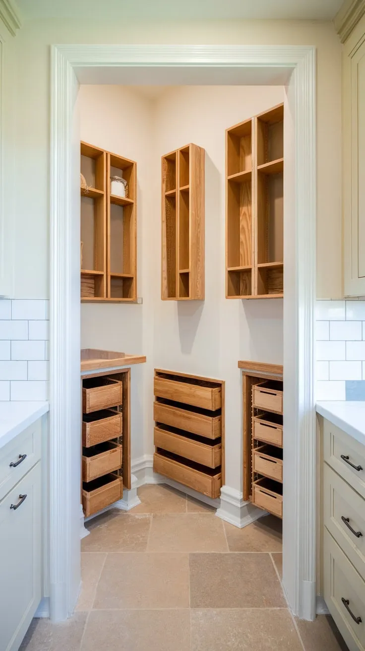 A hidden kitchen pantry reveals a surprisingly spacious and organized storage area with varied-depth wooden cabinets and tiled floors