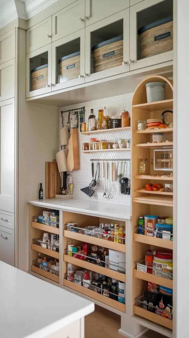 A functional kitchen boasts a built-in, shallow-depth pantry system culminating in a large wall-mounted unit for optimal organization