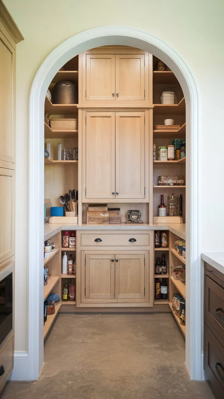 Discover a cleverly concealed pantry behind the kitchen wall, its light wood cabinets maximizing storage within a surprisingly compact space.