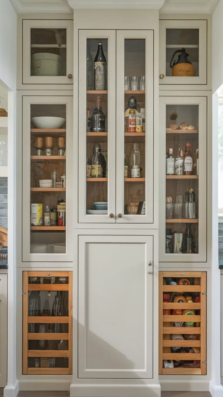 A seamlessly integrated kitchen pantry boasts a mix of shallow and deep cabinets with glass and wood doors, enhanced by a charming window and subtly displayed kitchenware