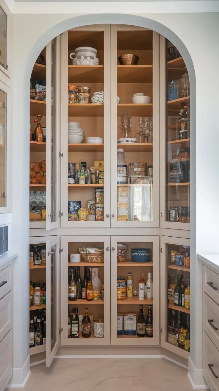 A modern light kitchen cleverly conceals a shallow, glass-fronted pantry behind a wall, showcasing organized groceries.