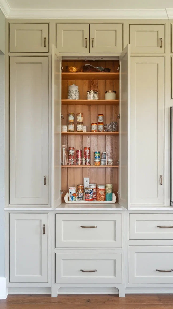 A hidden pantry behind the kitchen wall boasts shallow, light-colored cabinets filled with canned goods and jars, complementing the built-in kitchen cabinetry and white wall.