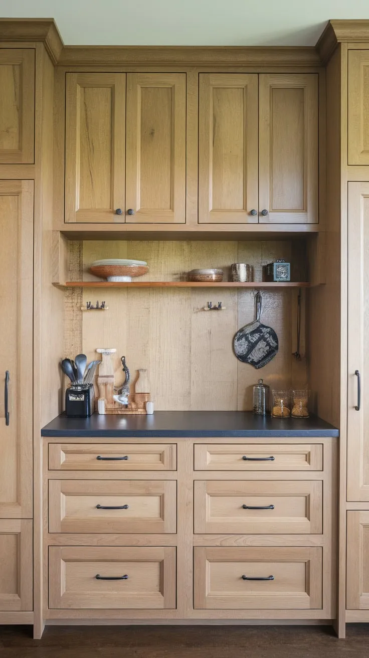 A hidden kitchen wall pantry boasts full-height light wood cabinets, a dark countertop, and ample storage for culinary essentials