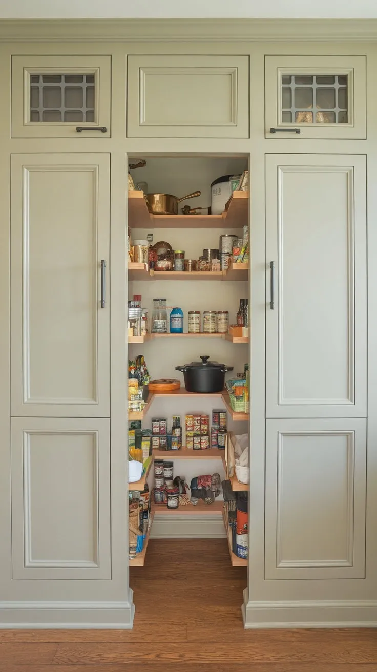 Sunlight streams through small windows onto a wood-floored pantry tucked discreetly behind the kitchen wall, its shallow cabinets brimming with neatly arranged canned goods, pots, and spices.