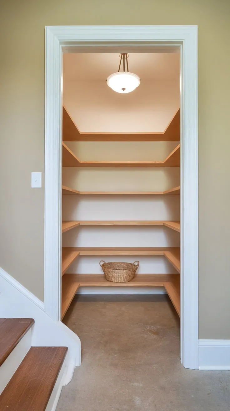 A remodeled under-stair pantry boasts custom white wood shelving, a beige backdrop, and a hanging light, maximizing storage in a small space.