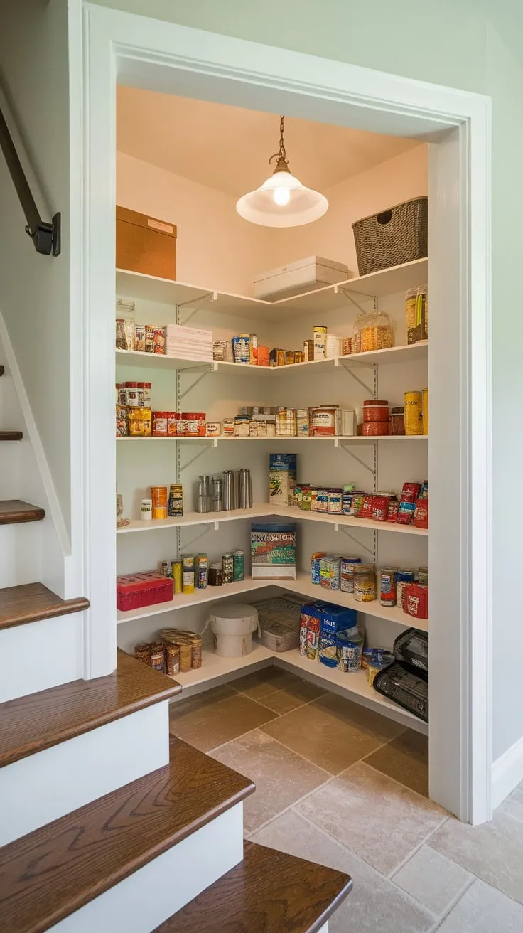 A remodeled under-stair pantry boasts efficient shelving, showcasing neatly arranged jars, boxes, and canned goods in a bright, tiled space.