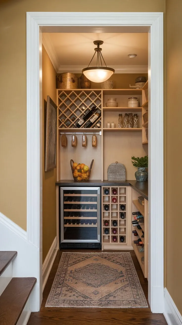 A charming under-stair pantry remodel features custom shelving, a wine rack, mini-fridge, and fruit basket, all enhanced by warm paint and patterned flooring.