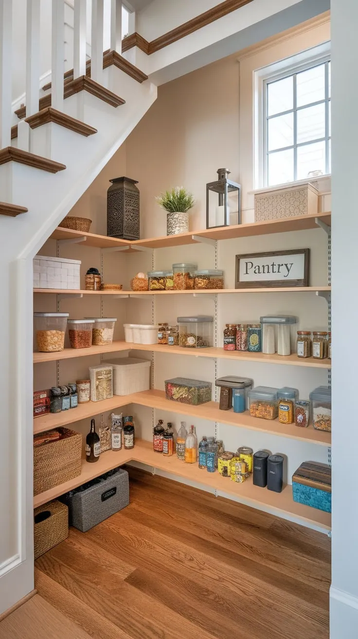 A remodeled under-stair pantry boasts beautiful wood shelving, showcasing neatly stored goods and charming décor in a bright, functional space.