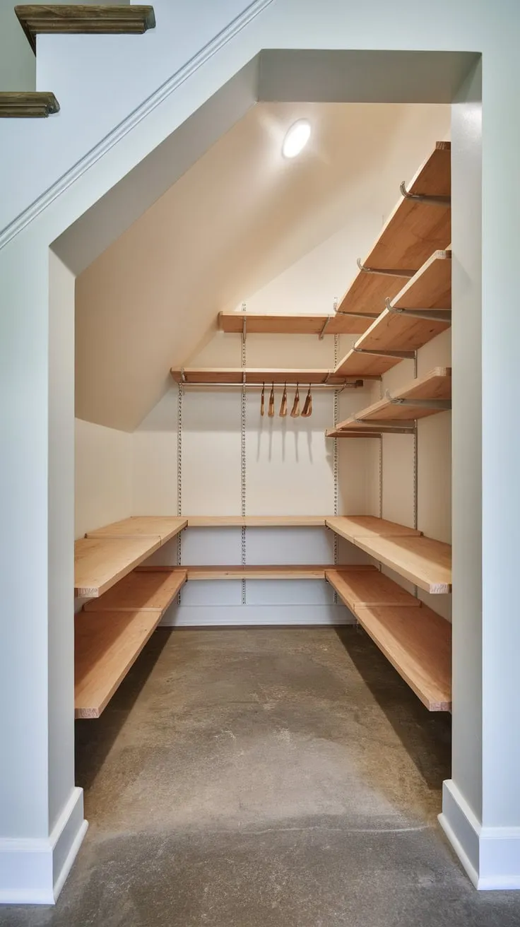 A remodeled under-stair pantry boasts a stylish, multi-tiered wood shelving system complete with hanging hooks, efficiently utilizing the sloped space.