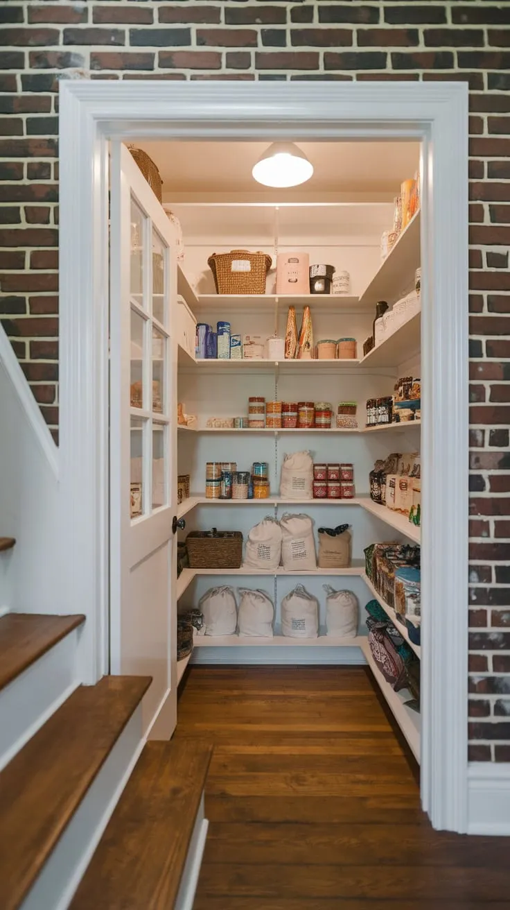 A well-lit, door-and-windowed pantry boasts custom shelving, efficiently storing groceries in a unique under-stair location.