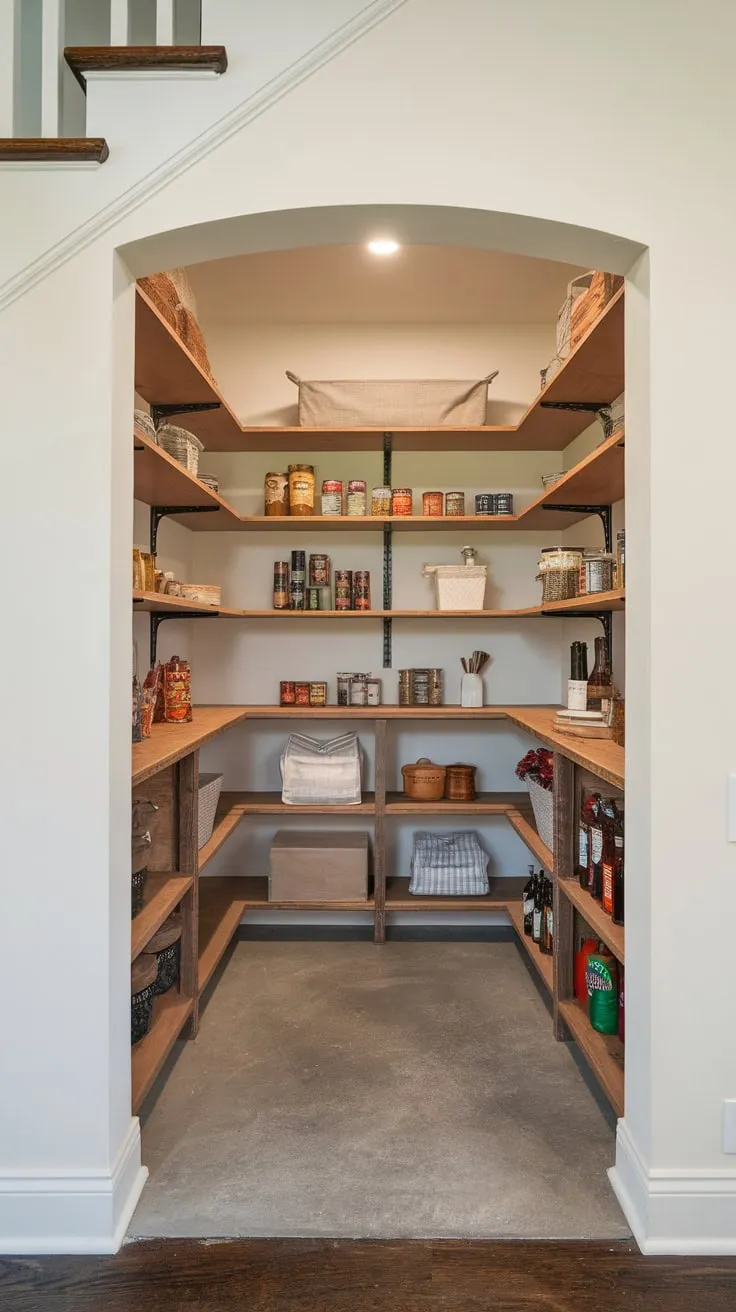 A remodeled under-stair pantry boasts rustic wooden shelves, showcasing canned goods and other provisions against a backdrop of white walls and concrete flooring.