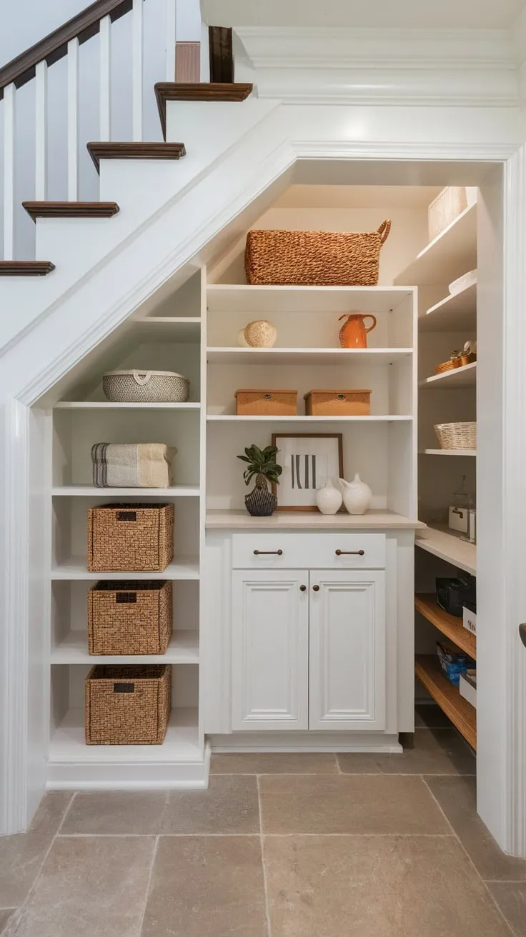 A simple yet functional remodeled pantry boasts under-stair shelving, combining open and closed storage with stylish baskets and tile flooring