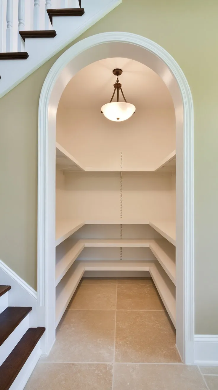 A simple yet functional remodeled pantry closet boasts new shelving under the stairs, maximizing space with a clean white-and-beige aesthetic.