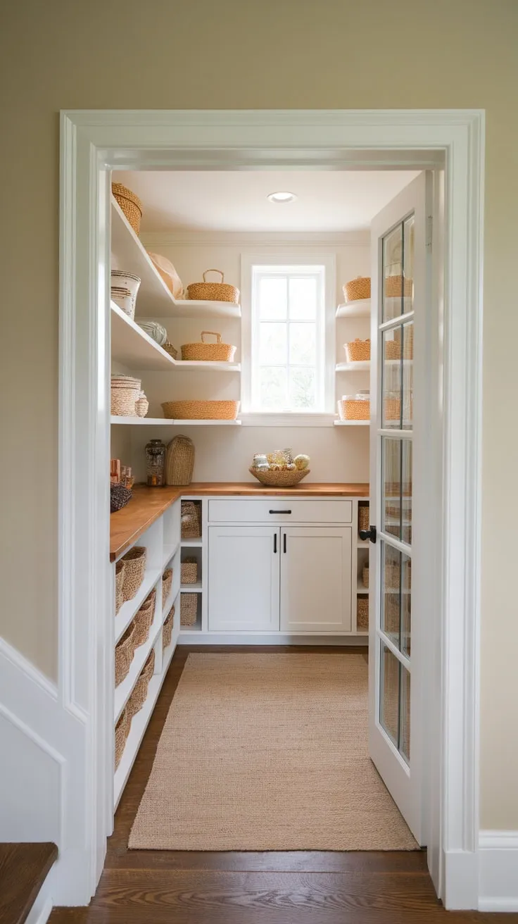 A remodeled under-stair pantry boasts custom shelving, white cabinetry, a wood countertop, and a charming window, creating efficient and stylish storage.