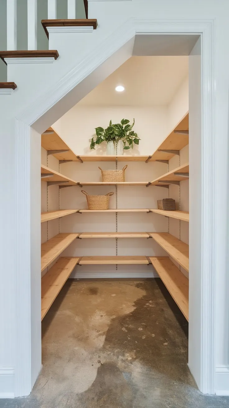 A bright, airy pantry remodel under the stairs boasts new natural wood shelving, baskets, and a plant, transforming a cramped space into an organized haven.