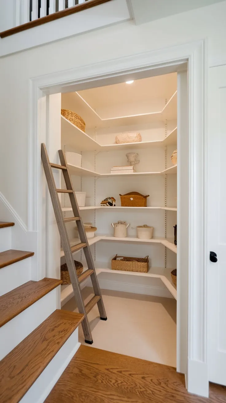 A bright, tidy under-stair pantry boasts floor-to-ceiling shelving, perfectly organized and ready for use