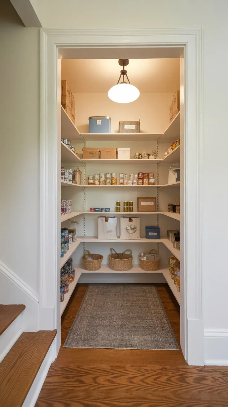 Custom shelving optimizes under-stair pantry storage, creating a bright and organized space for canned goods, boxes, and bags.