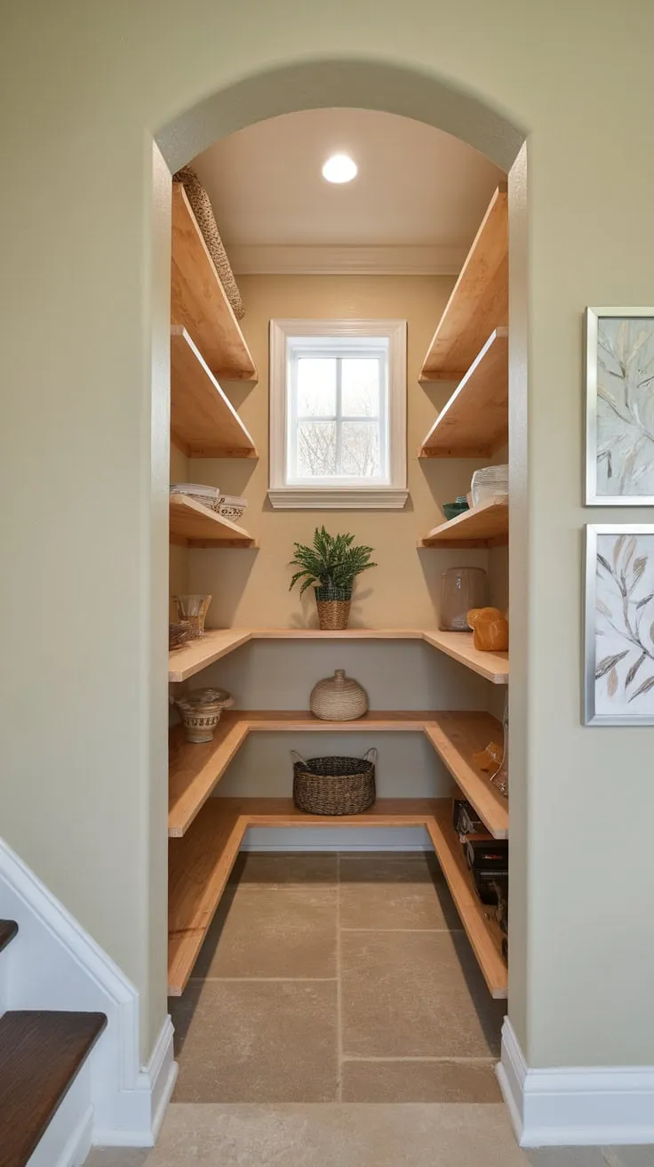 Brightly lit under-stair pantry boasts charming wooden shelving, accented by beige walls and a few decorative touches.