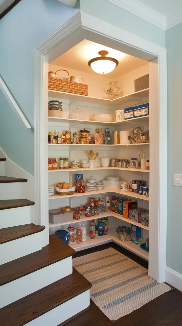 Custom shelving transforms a cramped under-stair pantry into an organized and brightly lit food storage haven.